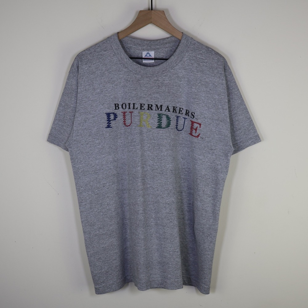 Vintage 90s Purdue Boilermakers T-Shirt Size Large College Gray Cotton